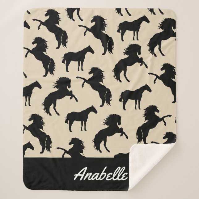 Rustic Black Horse Silhouettes | Personalised Sherpa Blanket (Front)