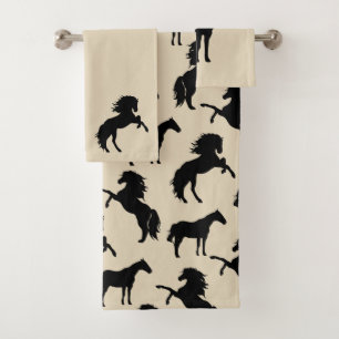 Rustic Black Horse Silhouettes & Taupe Bath Towel Set