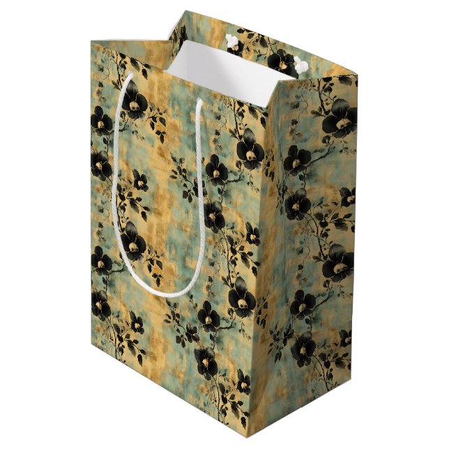 Rustic Black & Ivory Wildflowers on Sage Green  Medium Gift Bag (Back Angled)