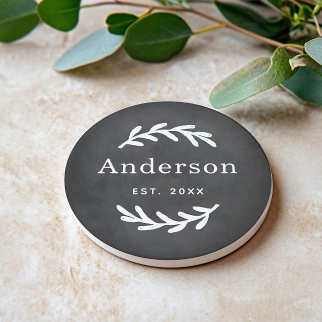 Rustic Black Laurel Wreath Monogram Est Coaster (Creator Uploaded)