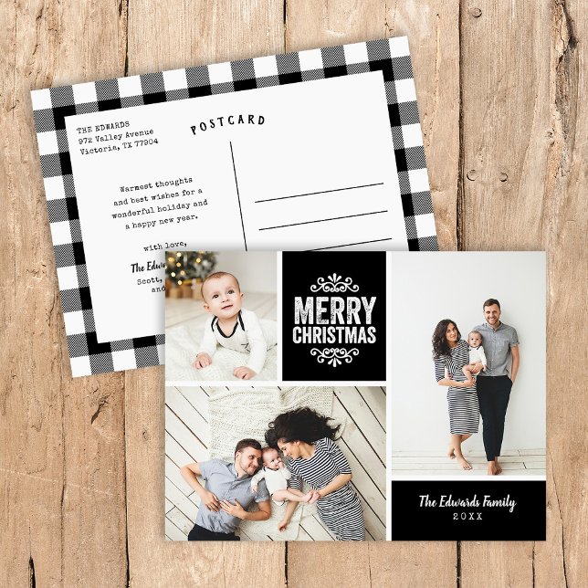 Rustic Black Merry Christmas 3 Photo Collage Holiday Postcard (Creator Uploaded)