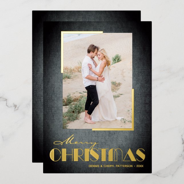 Rustic Black Merry Christmas Photo Foil Holiday Card (Front/Back)