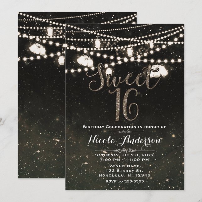Rustic Black Night Sky Mason Jar Lights SWEET 16 Invitation (Front/Back)