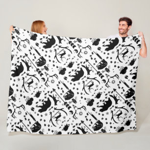 Rustic Black Owl Bear Deer Fox Woodland Pattern Fleece Blanket