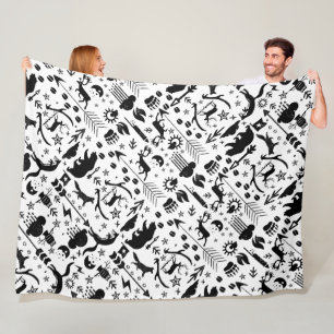 Rustic Black Owl Bear Deer Fox Woodland Pattern Fleece Blanket