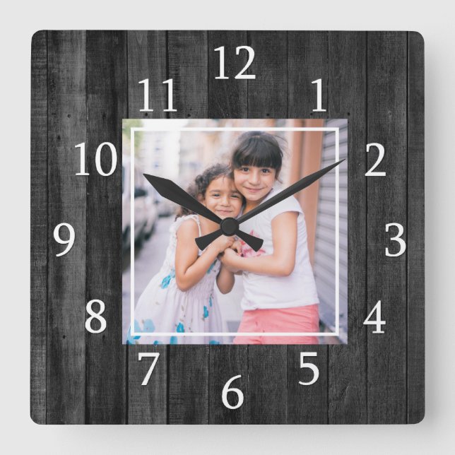 Rustic Black Pallet Wood Custom Photo Square Wall Clock (Front)
