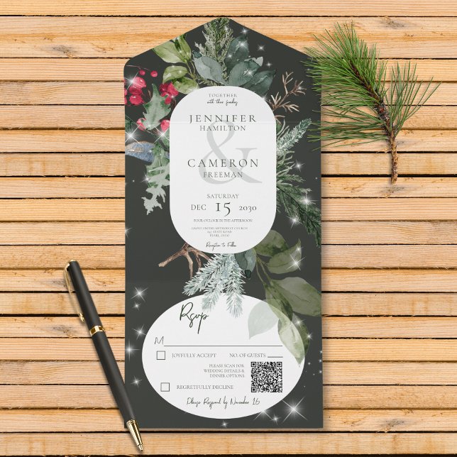 Rustic Black Pine & Holly Winter Sparkle QR Code All In One Invitation (Also available without a QR code; with or without dinner selection options.)