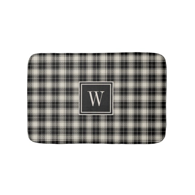 Rustic Black Plaid Pattern with Monogram Bath Mat (Front)