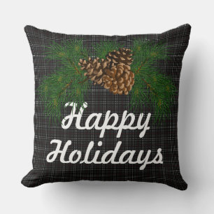 Rustic black plaid pine cone - happy holidays cushion
