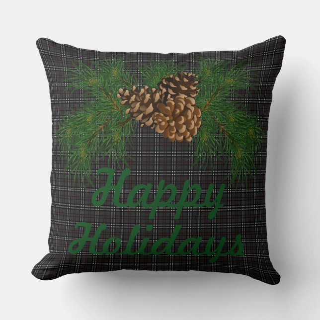 Rustic black plaid, pine cone, happy holidays cushion (Front)