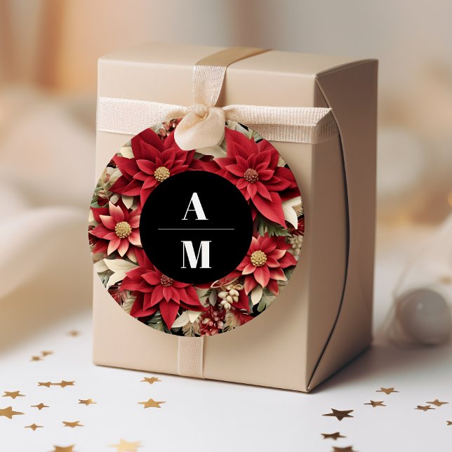 Rustic Black Poinsettia Floral Christmas Wedding   Classic Round Sticker (Creator Uploaded)