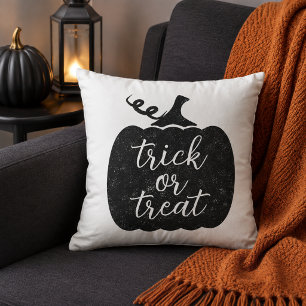 Rustic Black Pumpkin Trick or Treat Script Cushion