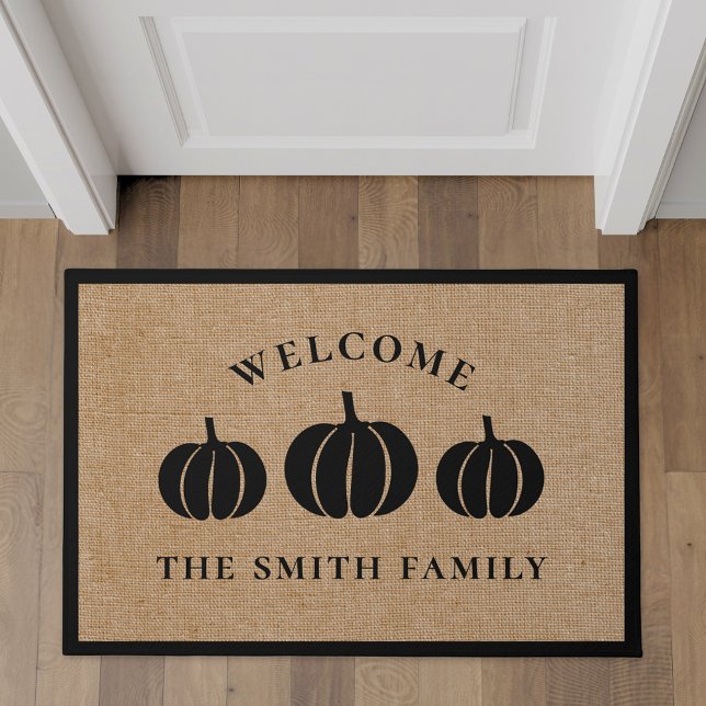 Rustic Black Pumpkins Family Name Welcome Doormat (Creator Uploaded)