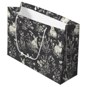Rustic Black Rabbit Botanical Toile Pattern Large Gift Bag