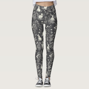 Rustic Black Rabbit Botanical Toile Pattern Leggings