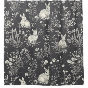 Rustic Black Rabbit Botanical Toile Pattern Shower Curtain