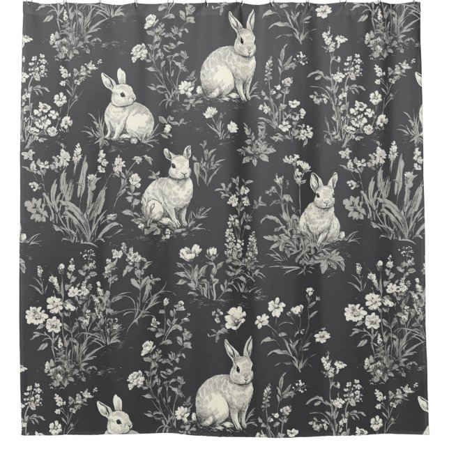 Rustic Black Rabbit Botanical Toile Pattern Shower Curtain (Front)