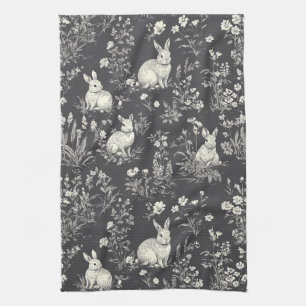 Rustic Black Rabbit Botanical Toile Pattern Tea Towel