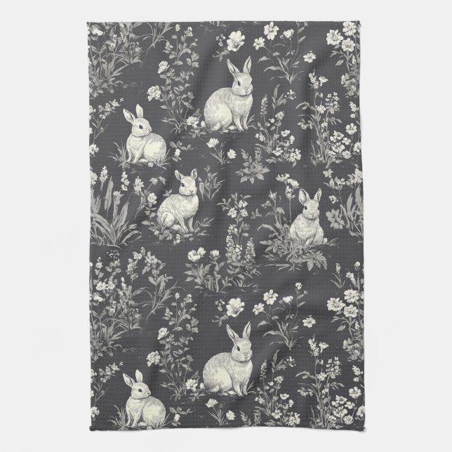 Rustic Black Rabbit Botanical Toile Pattern Tea Towel (Vertical)