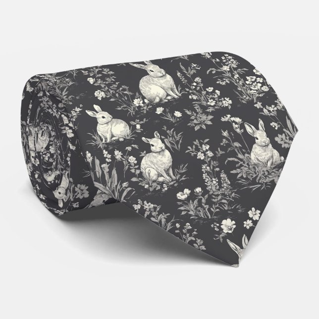 Rustic Black Rabbit Botanical Toile Pattern Tie (Rolled)