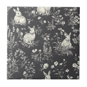 Rustic Black Rabbit Botanical Toile Pattern Tile