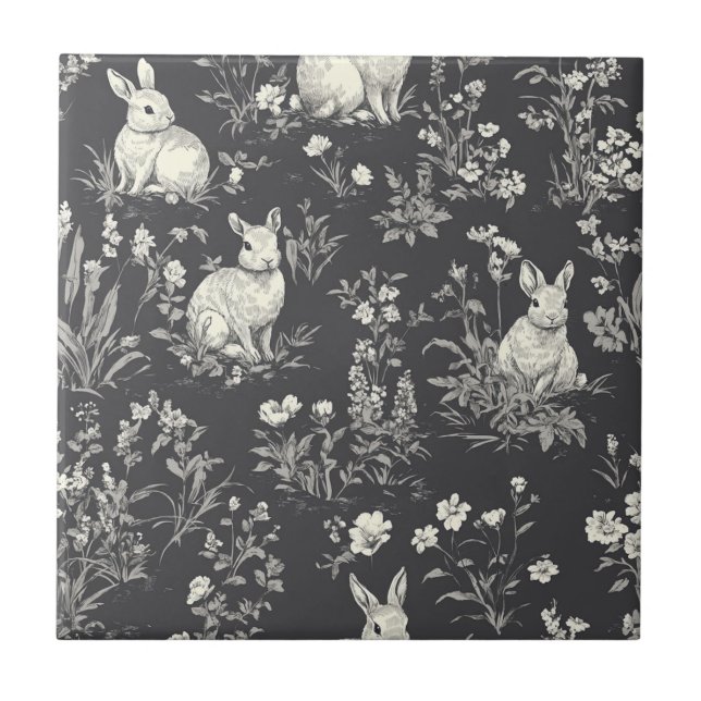 Rustic Black Rabbit Botanical Toile Pattern Tile (Front)