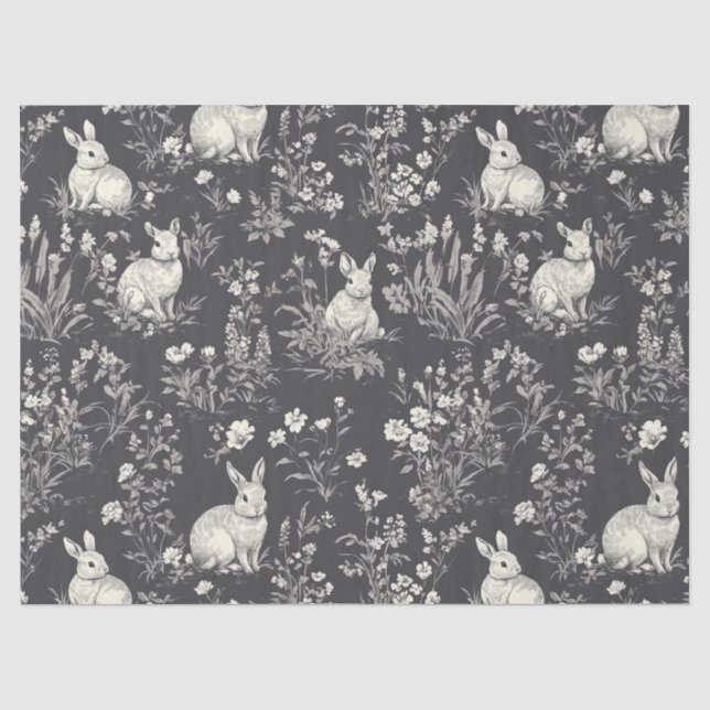 Rustic Black Rabbit Botanical Toile Pattern Tissue Paper (Front)