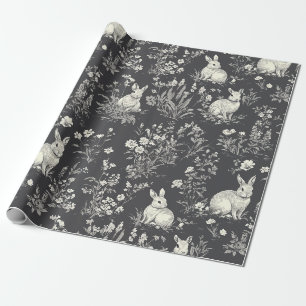 Rustic Black Rabbit Botanical Toile Pattern Wrapping Paper