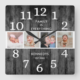 Rustic Black Reclaimed Wood 4 Photo Family Quote Square Wall Clock