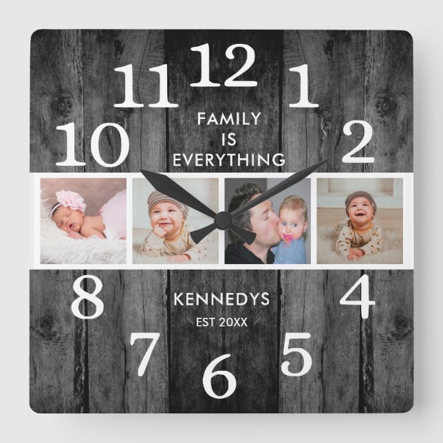 Rustic Black Reclaimed Wood 4 Photo Family Quote   Square Wall Clock (Front)