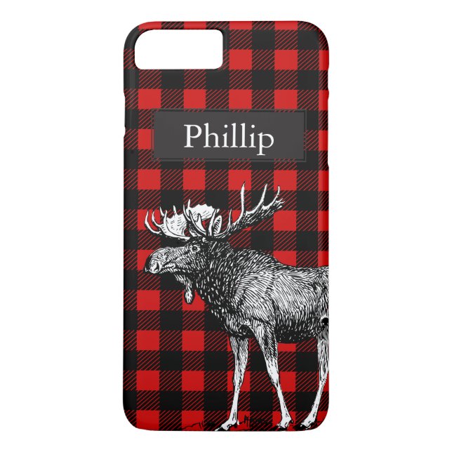 Rustic Black & Red Plaid Moose Custom Name Case-Mate iPhone Case (Back)