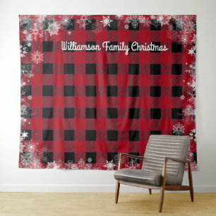 Rustic Black Red Plaid Snow Christmas Photo Booth Tapestry