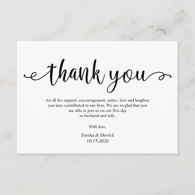 Rustic black script, Wedding Thank you Enclosure Card (Front)