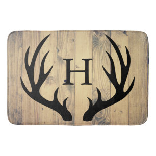 Rustic Black Silhouetted Deer Antlers Barn Wood Bath Mat