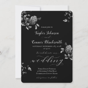 Rustic Black Silver Floral Calligraphy Wedding Invitation