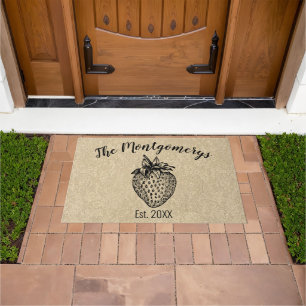 Rustic Black Strawberry Custom Name Welcoming Doormat
