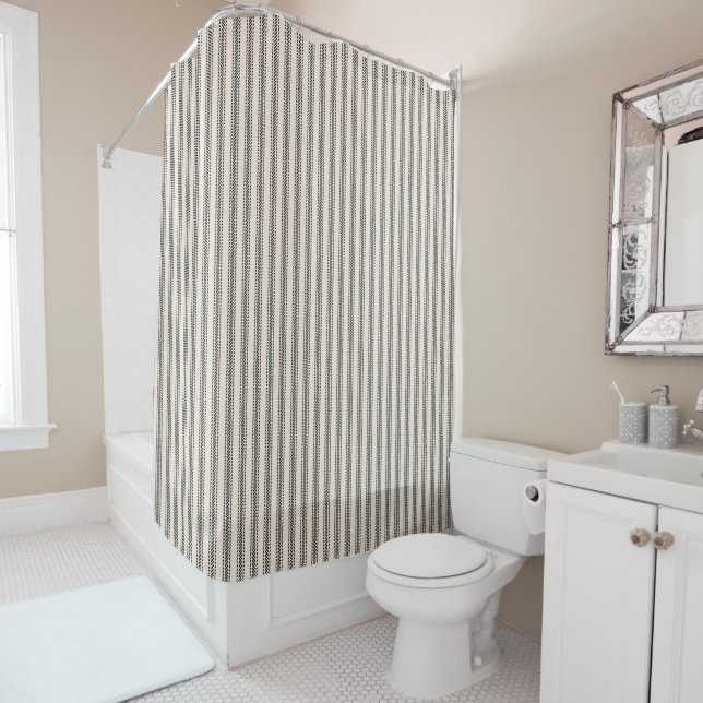 Rustic Black Striped French Ticking Shower Curtain (In Situ)