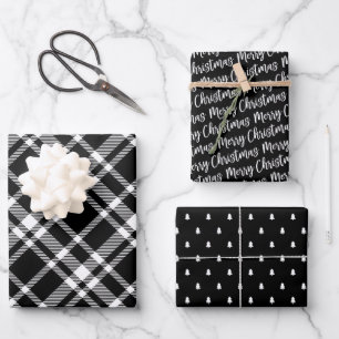 Rustic Black Tartan Plaid Merry Christmas Pattern Wrapping Paper Sheet