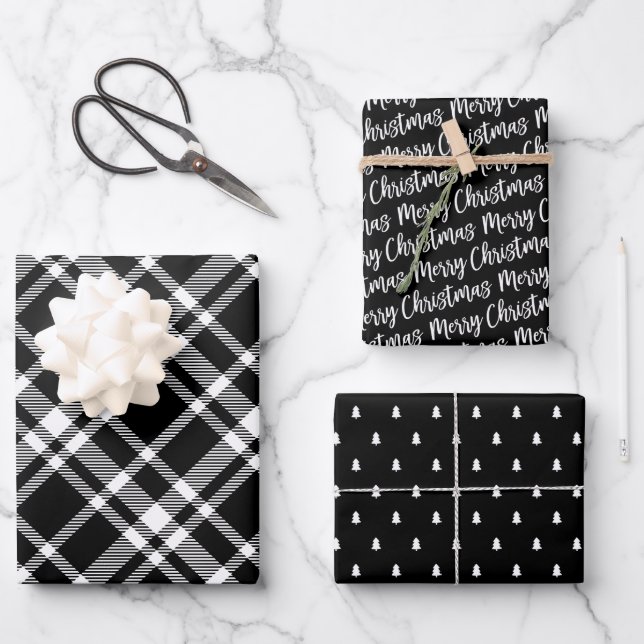 Rustic Black Tartan Plaid Merry Christmas Pattern Wrapping Paper Sheet (Front)