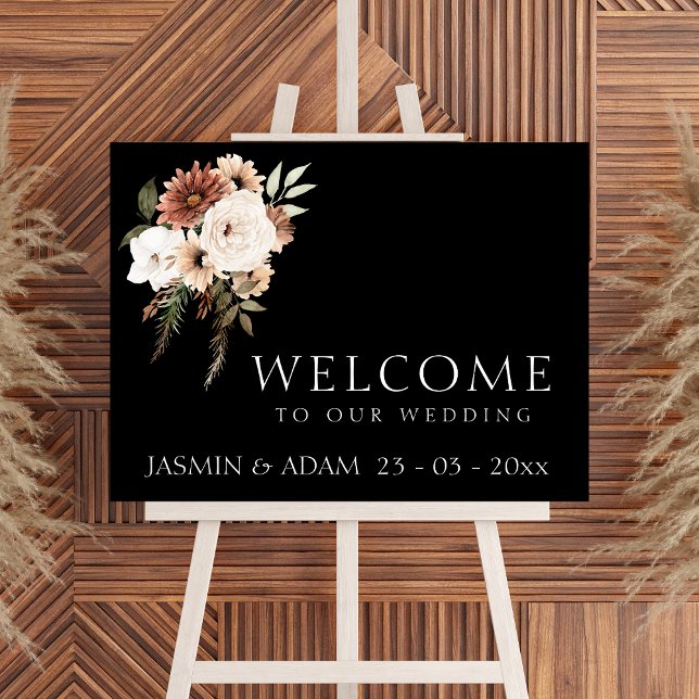 Rustic Black Terracotta and Peach Floral Wedding Poster (Rustic Black and Peach Floral Wedding Sign)