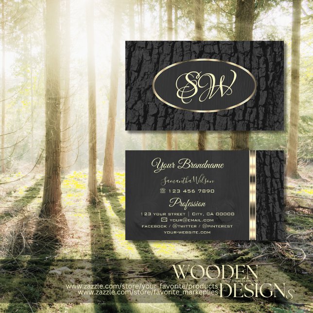 Rustic Black Tree Bark Oval Gold Border Monogram Business Card (Creator Uploaded)