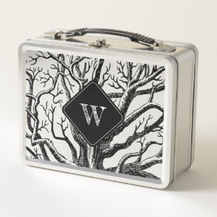 Rustic Black White Abstract Tree Branches Monogram Metal Lunch Box