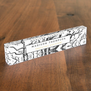 Rustic Black & White Abstract Tree Branches Nameplate
