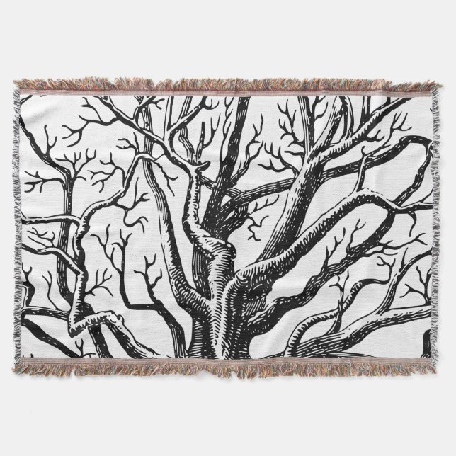 Rustic Black & White Abstract Tree Branches Throw Blanket (Front)