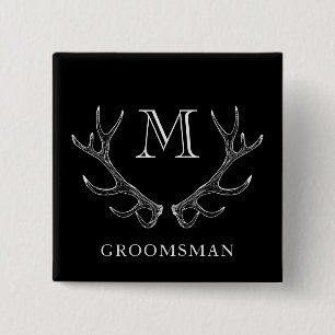 Rustic Black & White Antler Custom Groomsmen Gift 15 Cm Square Badge