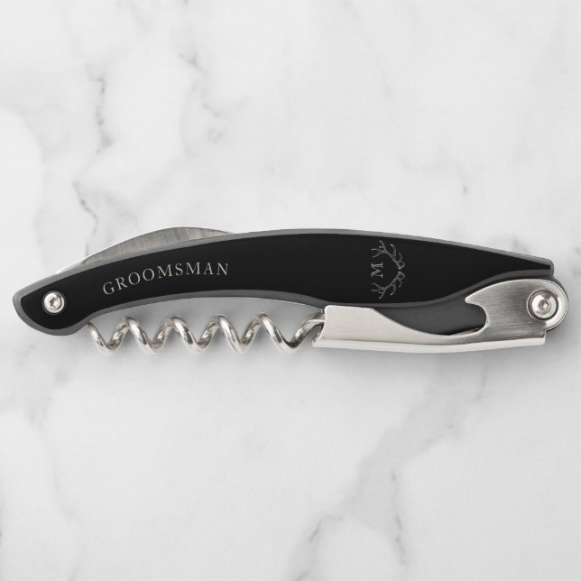 Rustic Black & White Antler Custom Groomsmen Gift Corkscrew (Back)