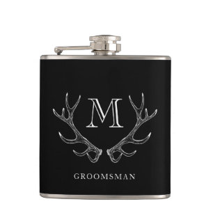Rustic Black & White Antler Custom Groomsmen Gift Hip Flask