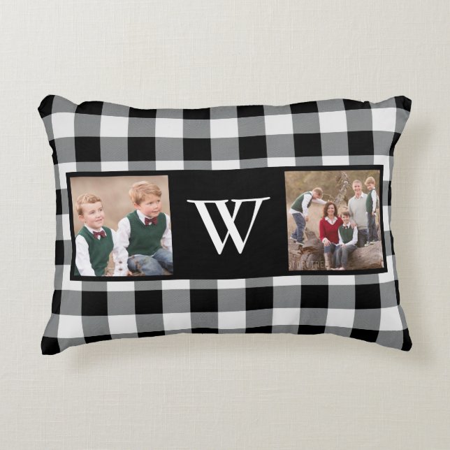 Rustic Black White Buffalo Check 2 Photo Monogram Decorative Cushion (Front)