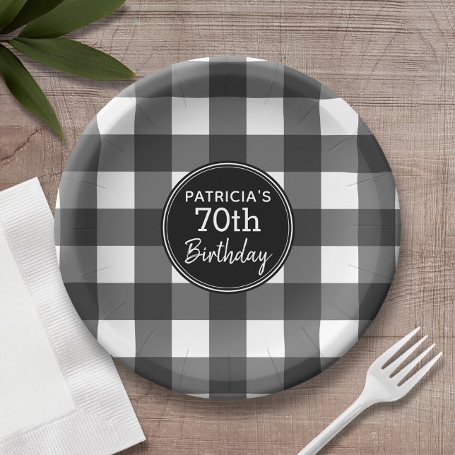 Rustic Black & White Buffalo Check Birthday Party Paper Plate (Personalized birthday plates and bowls with buffalo check pattern)