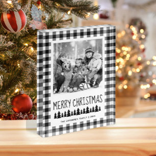 Rustic Black White Buffalo Check Christmas Photo Block